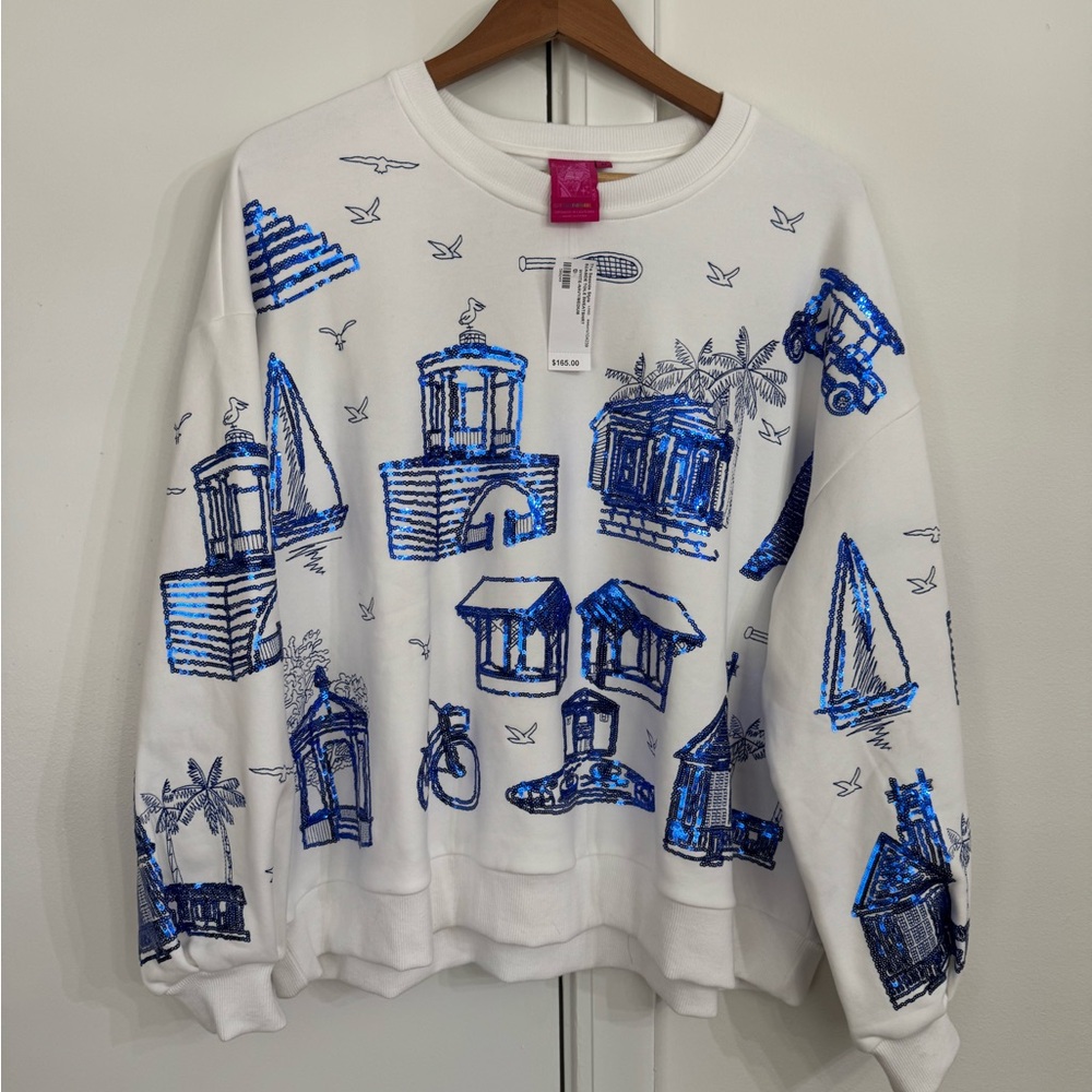 QUEEN OF SPARKLES White and Blue Seaside FL Sweatshirt NWT